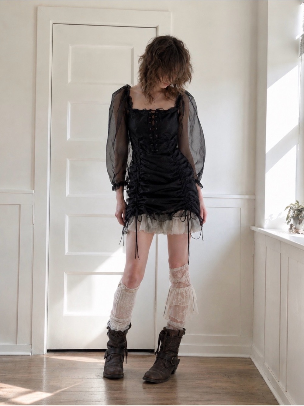 Black Organza Ruched Mini Dress Sheer Puff Sleeve Lace Up Gothic Fairy Large